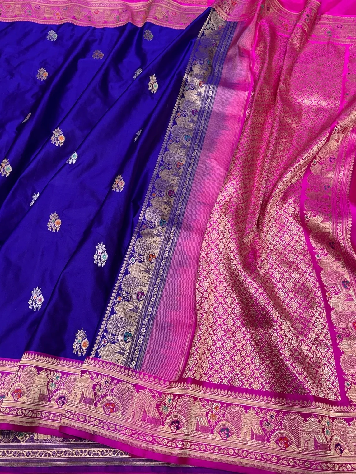 Royal Blue Handwoven Pure Banarasi Satin Silk Saree – Authentic Kadwa Weave - Image 3