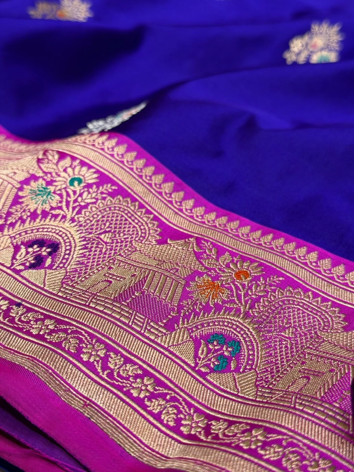 Royal Blue Handwoven Pure Banarasi Satin Silk Saree – Authentic Kadwa Weave - Image 4