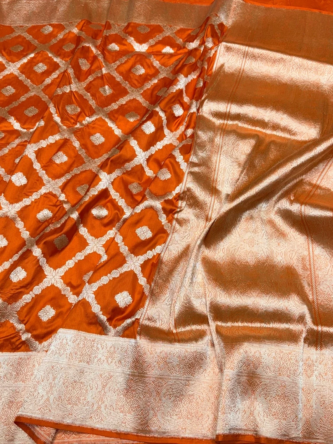 Orange Handwoven Pure Banarasi Silk Saree in Kadwa Jaal – Authentic Katan Mulberry Silk - Image 3