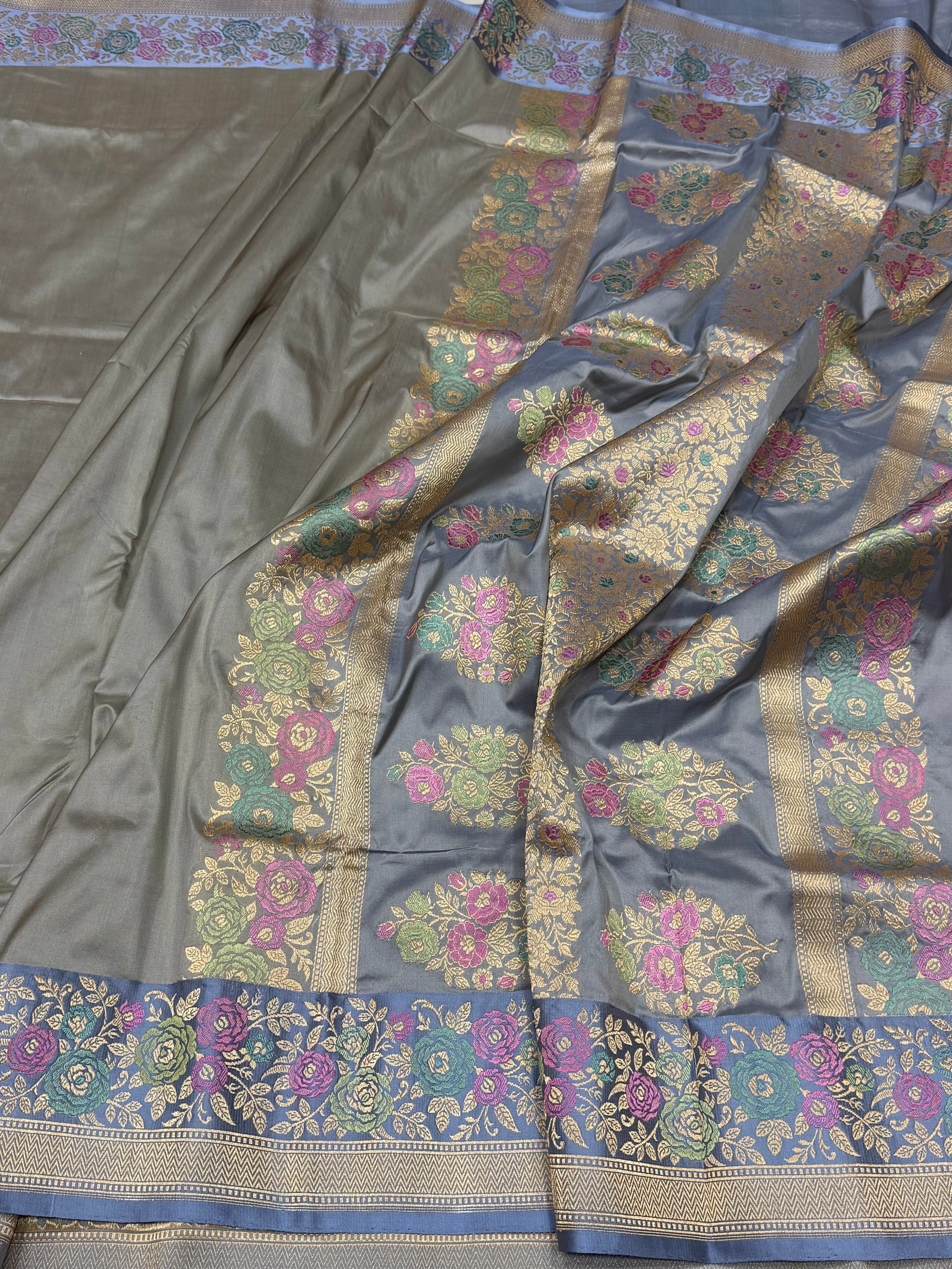 Ash Grey Handwoven Pure Banarasi Silk Saree in Kadwa Weave | Authentic Katan Mulberry Silk - Image 3