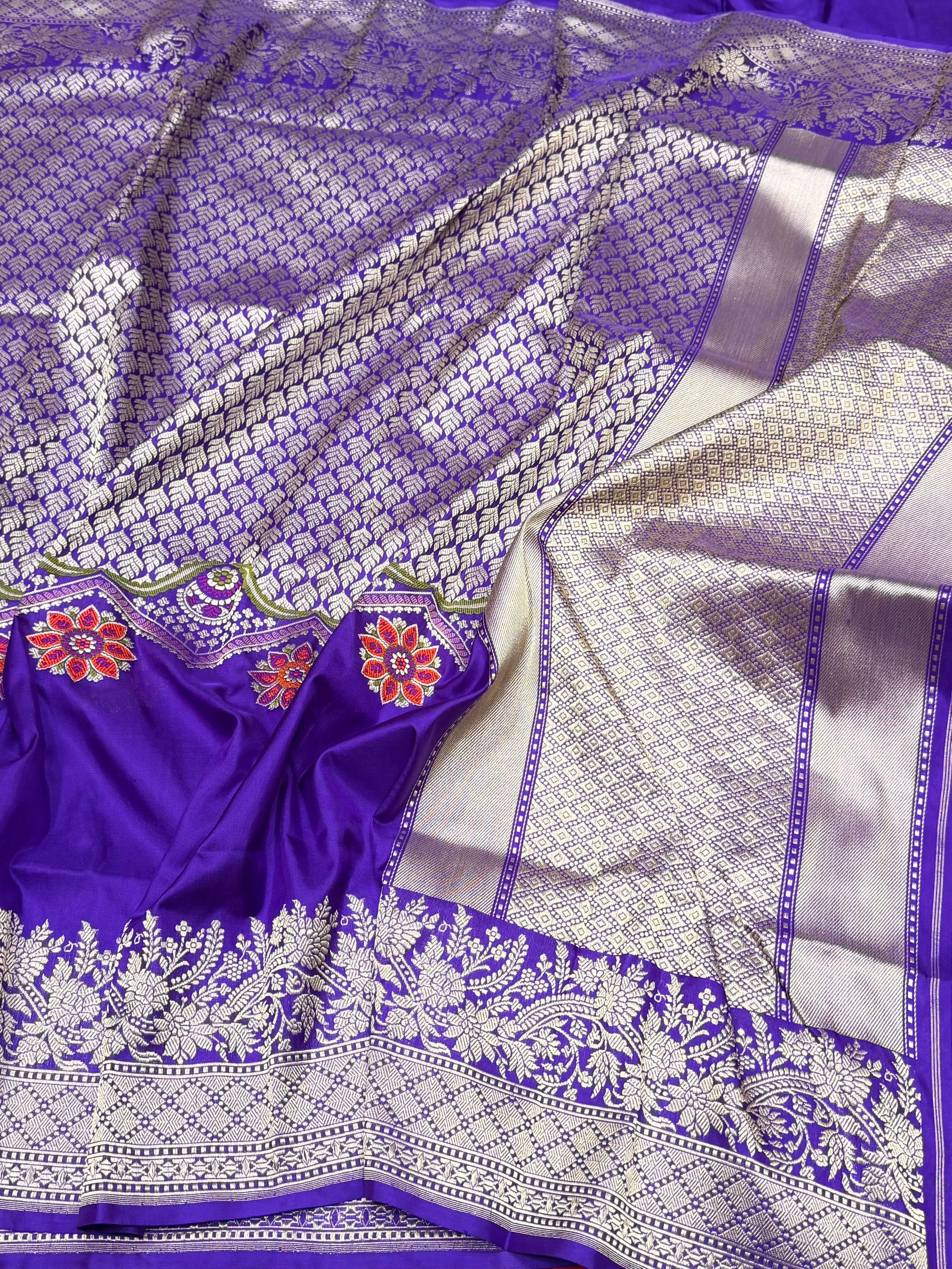 Purple Handwoven Pure Banarasi Silk Saree in Kadwa Weave | Authentic Katan Mulberry Silk - Image 3