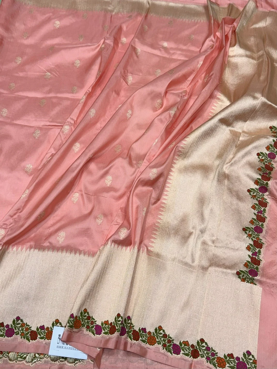 Peach Handwoven Pure Banarasi Silk Saree in Kadwa Weave – Katan Silk with Skirt Pattern Design - Image 3