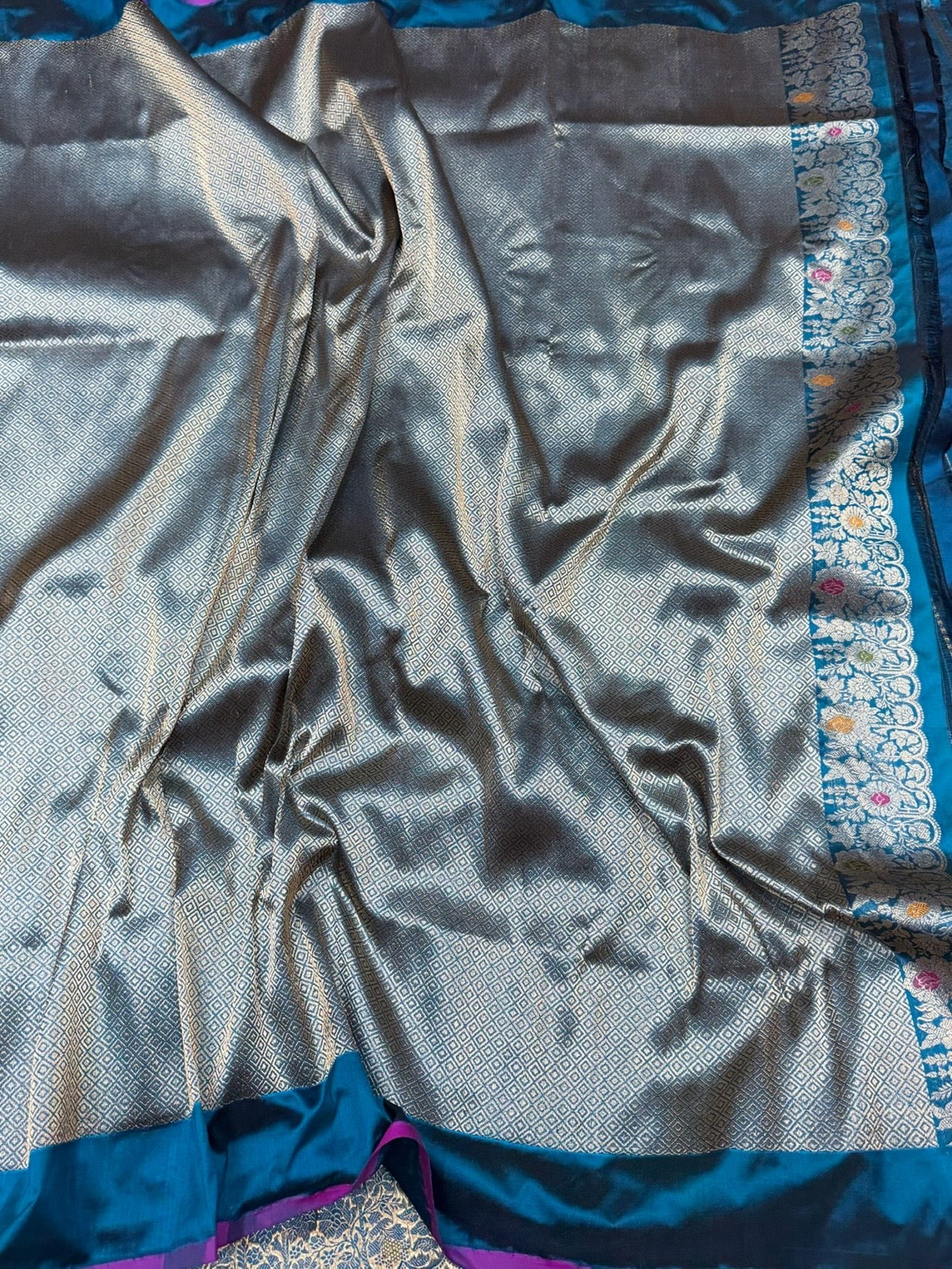Teal Blue Handwoven Pure Banarasi Silk Saree - Image 2