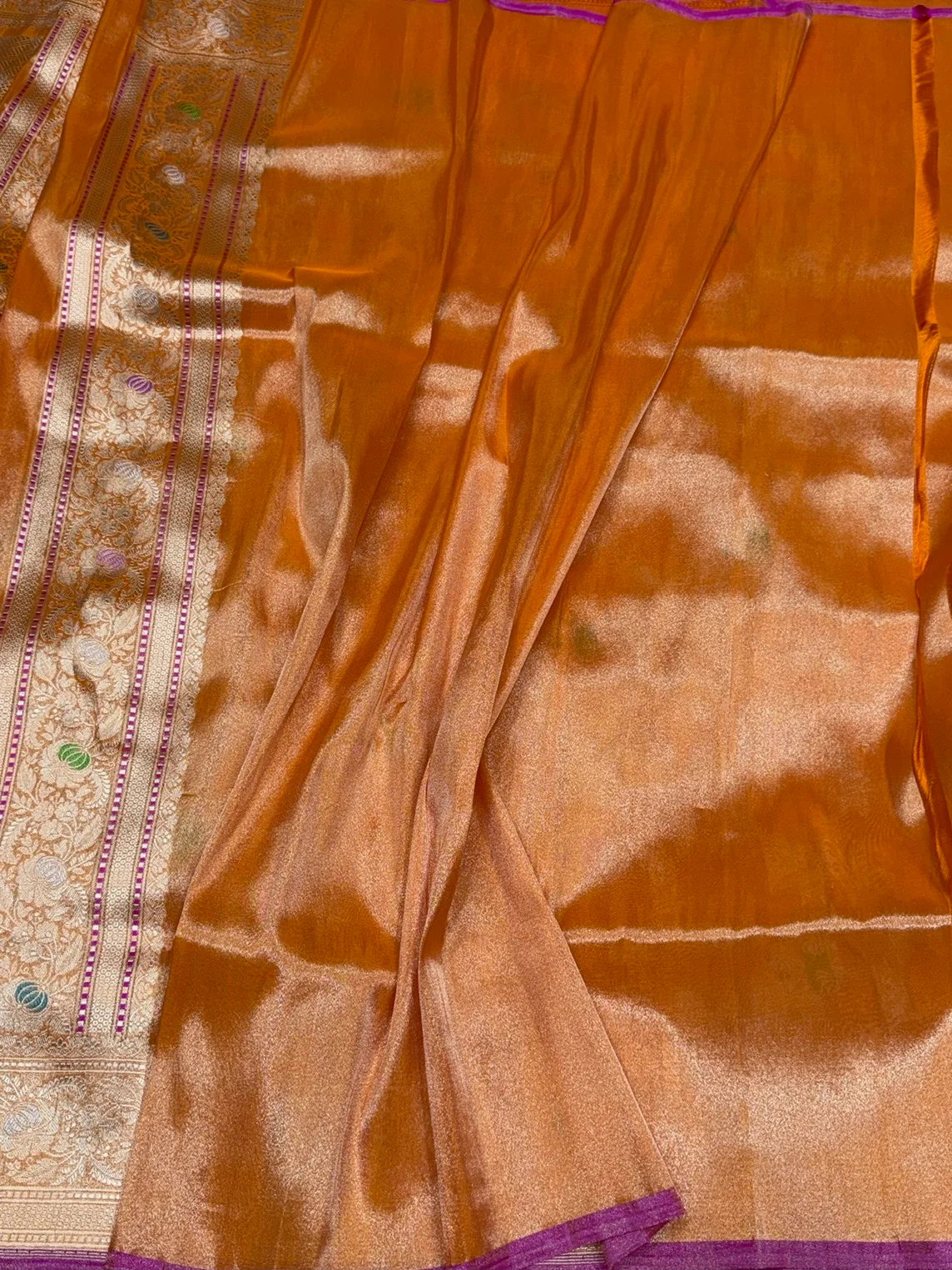 Orange Handwoven Banarasi Pure Silk Tissue Saree - Image 2