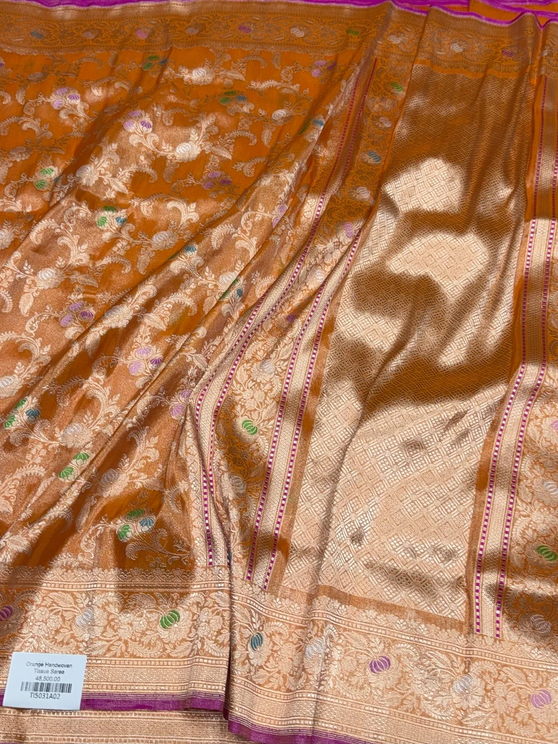 Orange Handwoven Banarasi Pure Silk Tissue Saree - Image 3