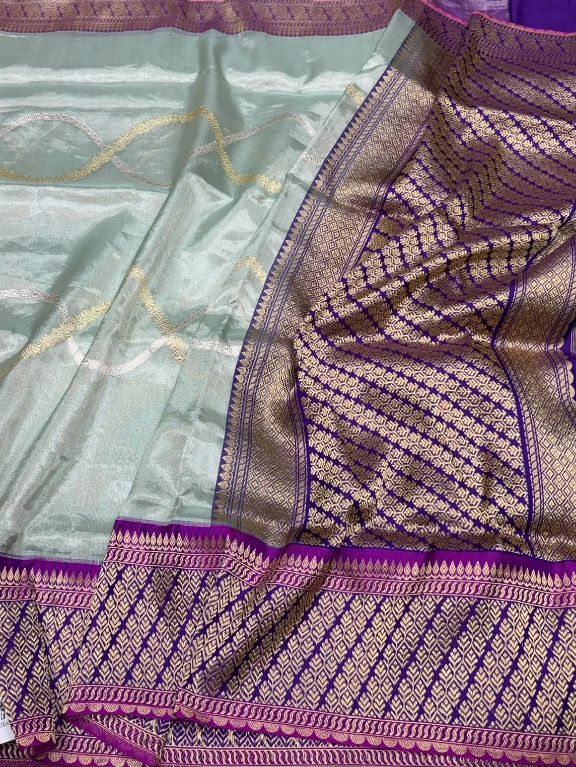 Sea Blue/Purple Handwoven Pure Banarasi Tissue Saree - Image 3