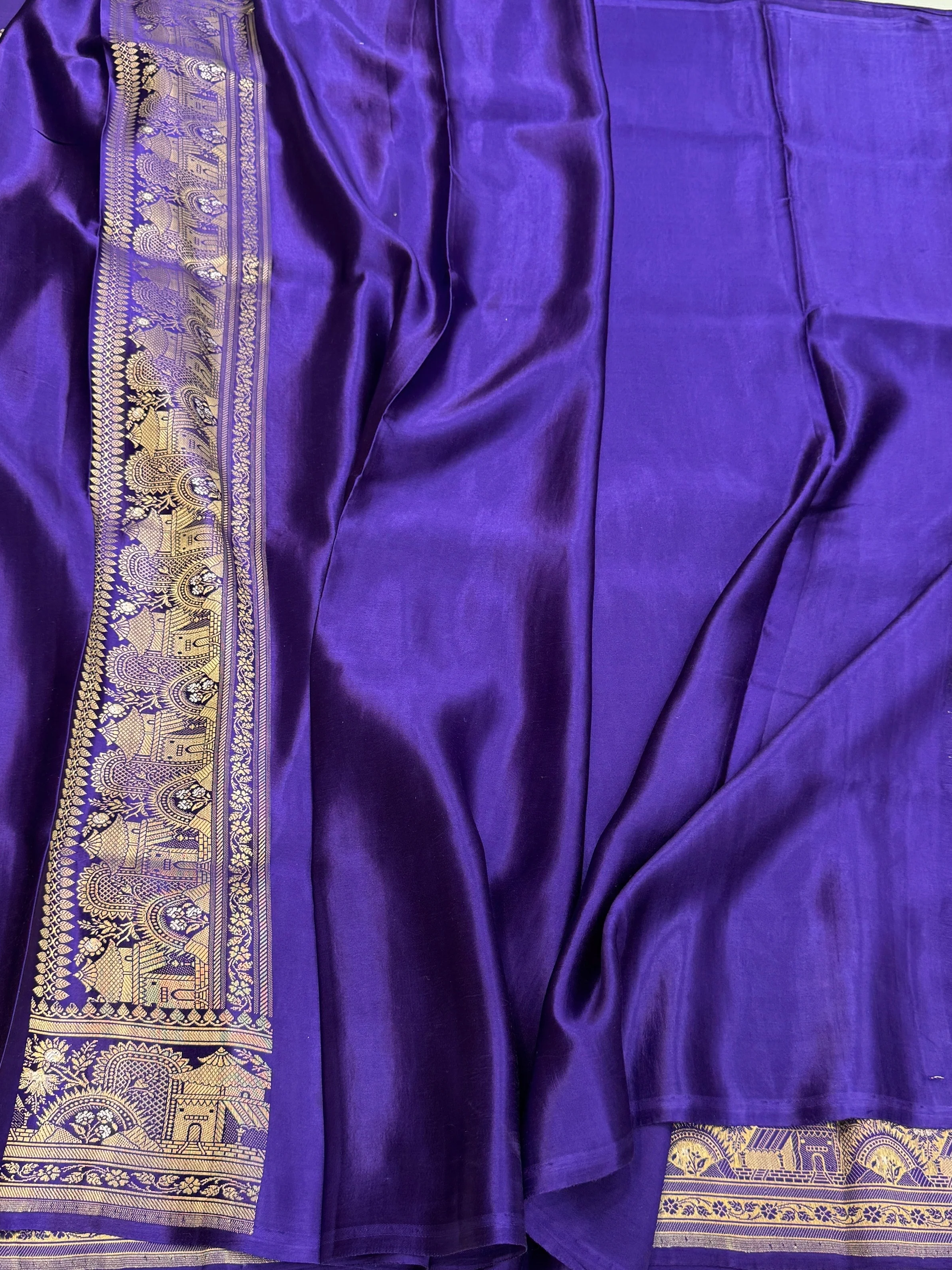 Purple Handwoven Pure Mashru Banarasi Satin Silk Saree – Kadwa Weave | Authentic Banaras Handloom - Image 2