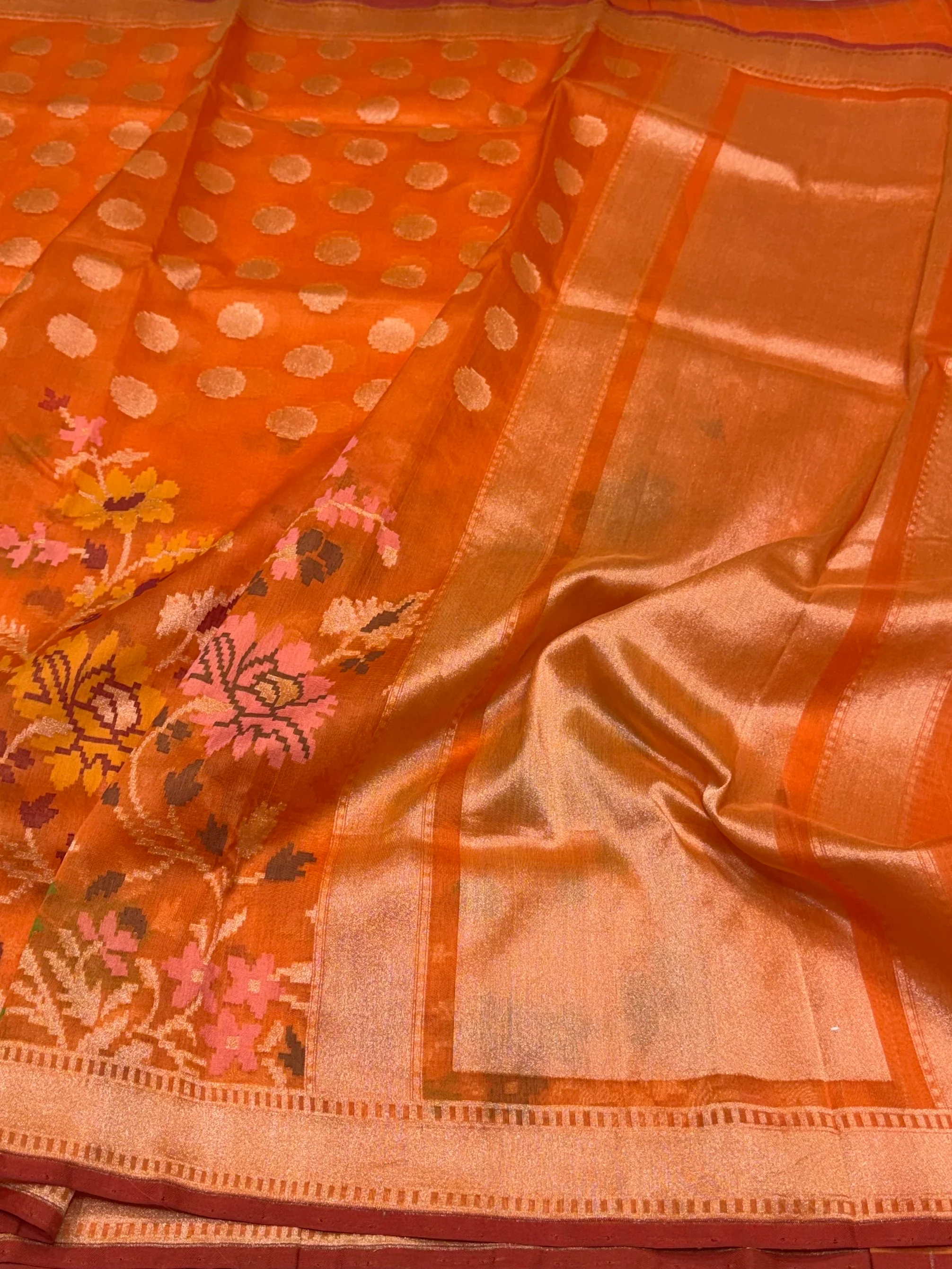 Orange Handwoven Pure Organza Jamdani Saree - Image 2