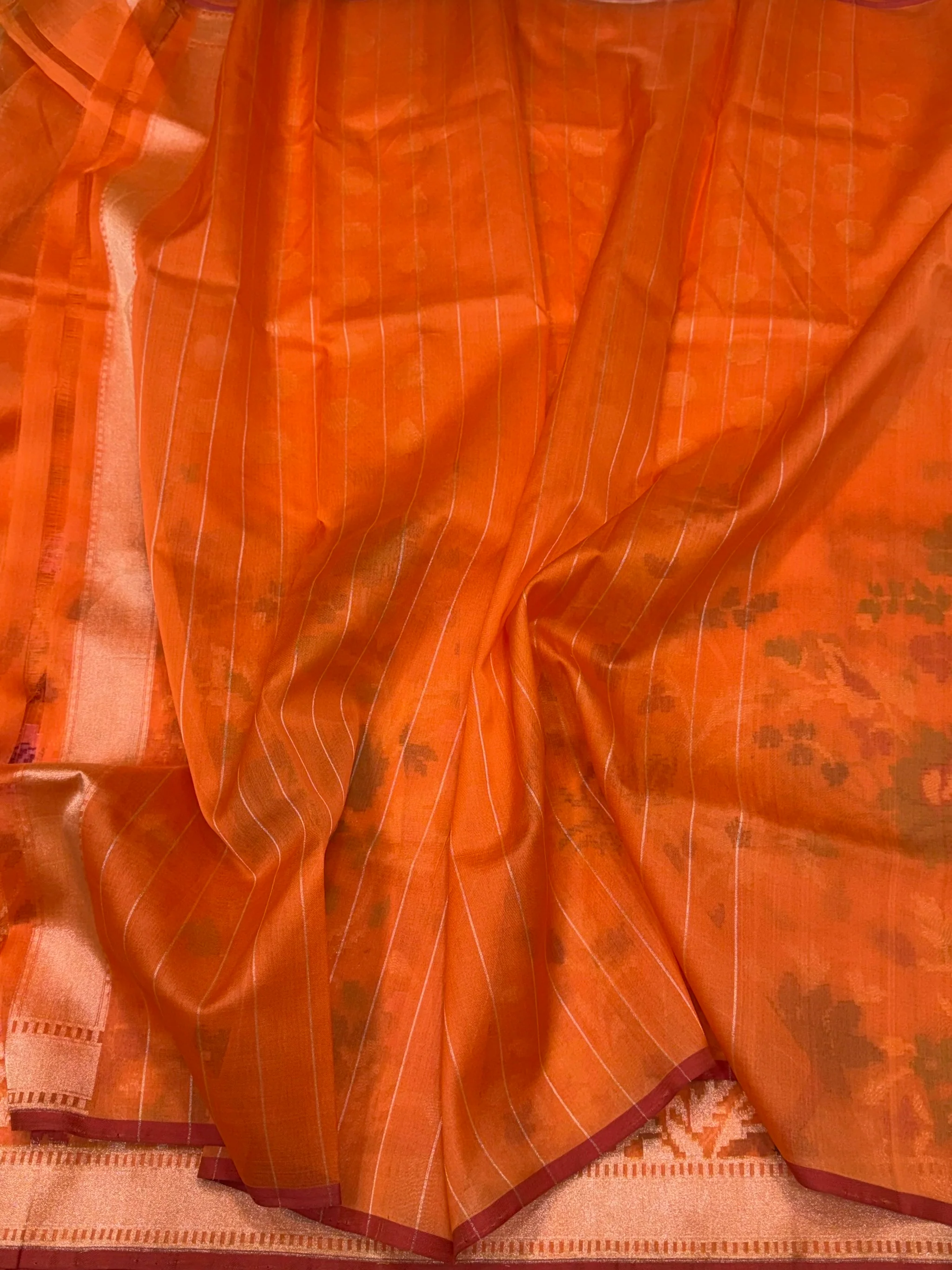 Orange Handwoven Pure Organza Jamdani Saree - Image 3