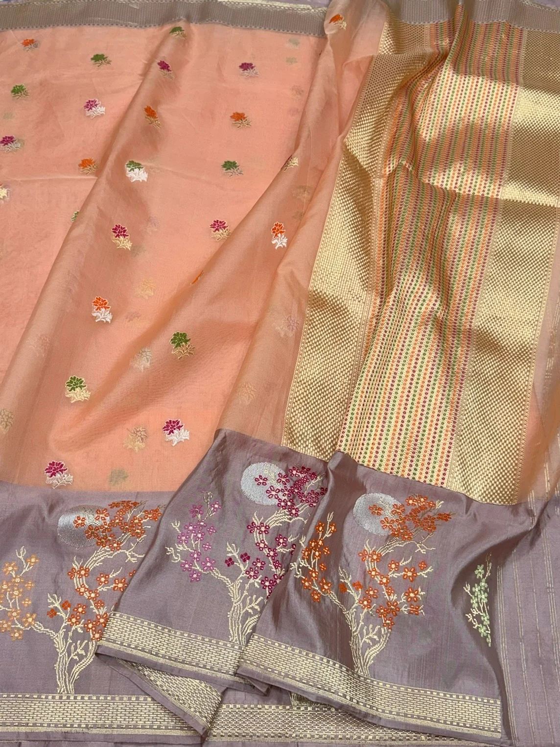 Peach Handwoven Pure Organza Silk Saree in Kadwa Weave | 100% Pure Kora Silk - Image 3