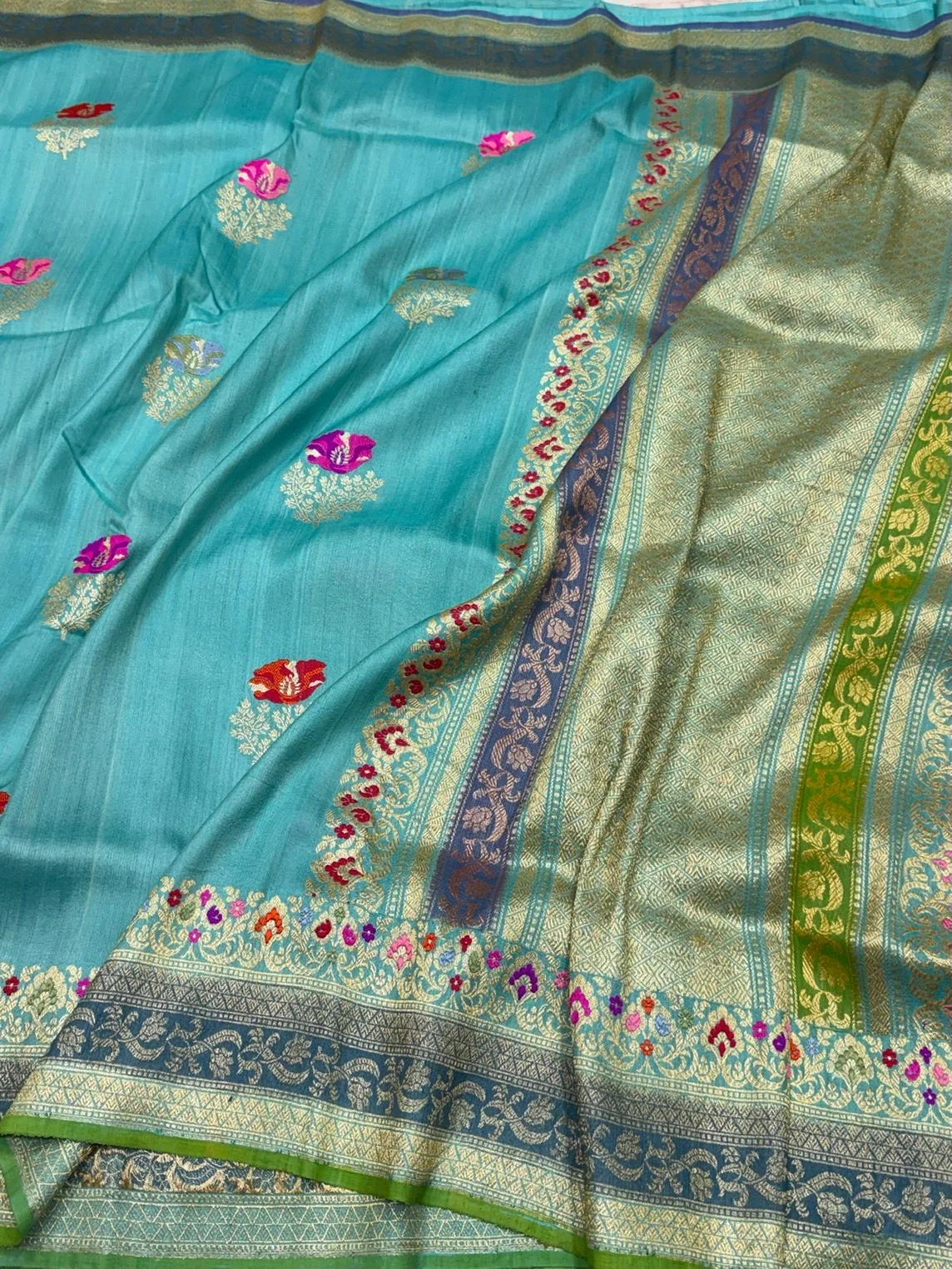 Sky Blue Handwoven Pure Tussar Georgette Saree - Image 3