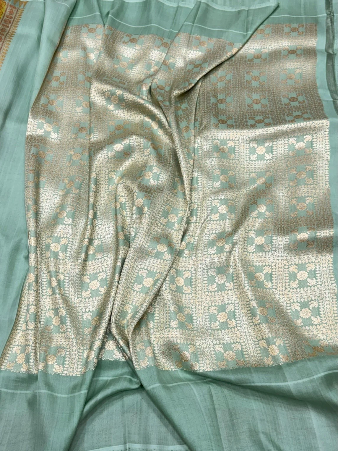 Pista Green Handwoven Pure Tussar Georgette Saree - Image 2
