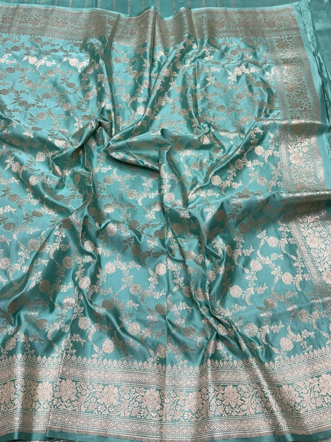 Sea Blue Handwoven Vintage Pure Banarasi Satin Silk Saree - Image 2