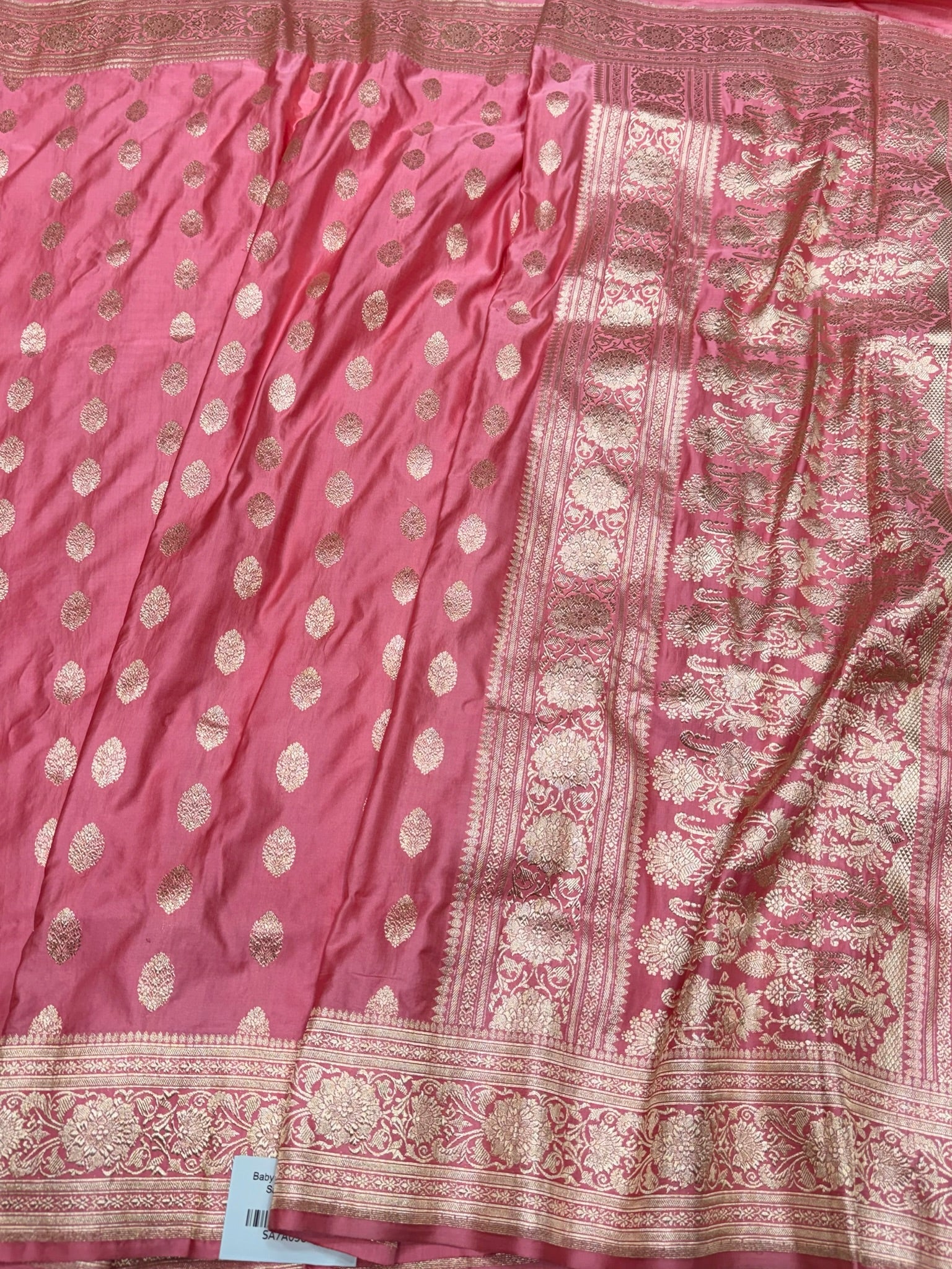 Baby Pink Handwoven Vintage Pure Banarasi Satin Silk Saree – Cutwork Weave, Pure Satin Silk - Image 3