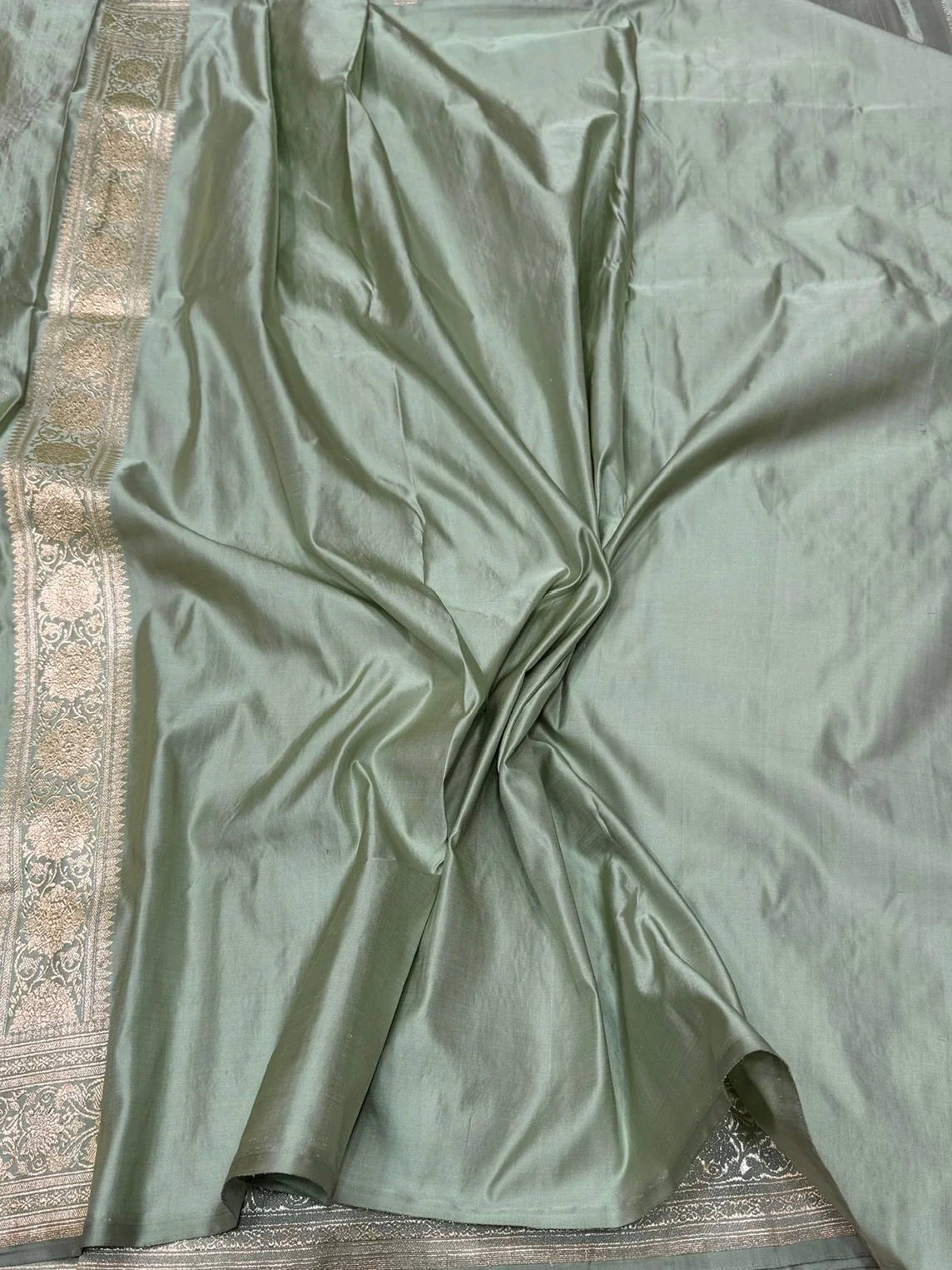 Soft Sage Green Handwoven Vintage Pure Banarasi Satin Silk Saree - Image 2