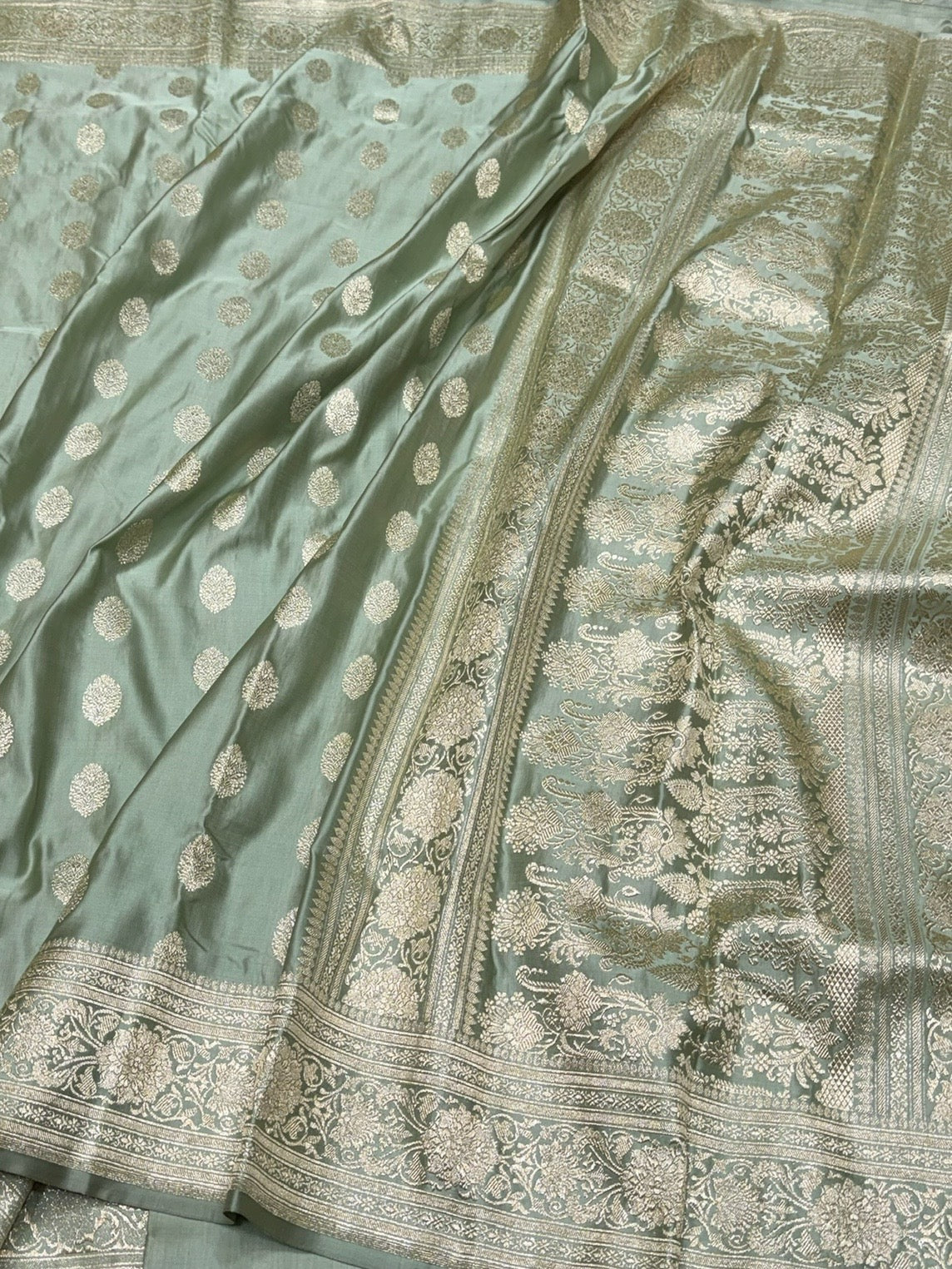 Soft Sage Green Handwoven Vintage Pure Banarasi Satin Silk Saree - Image 3