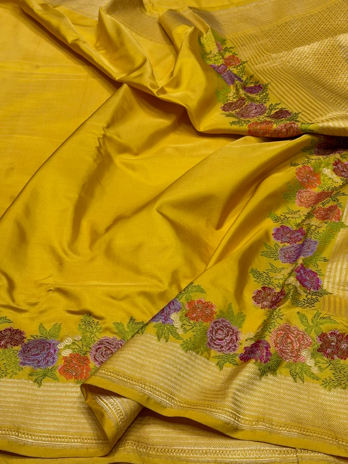 Mustard Yellow Handwoven Pure Banarasi Katan Silk Saree – Kadwa Weave | Traditional Kadiyal Border | 100% Pure Mulberry Silk