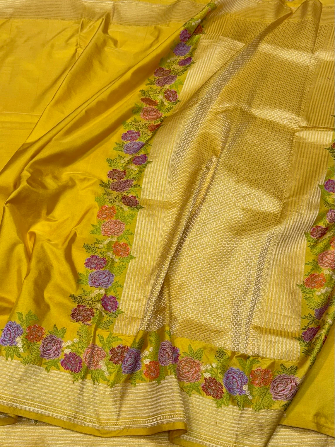 Mustard Yellow Handwoven Pure Banarasi Katan Silk Saree – Kadwa Weave | Traditional Kadiyal Border | 100% Pure Mulberry Silk - Image 3