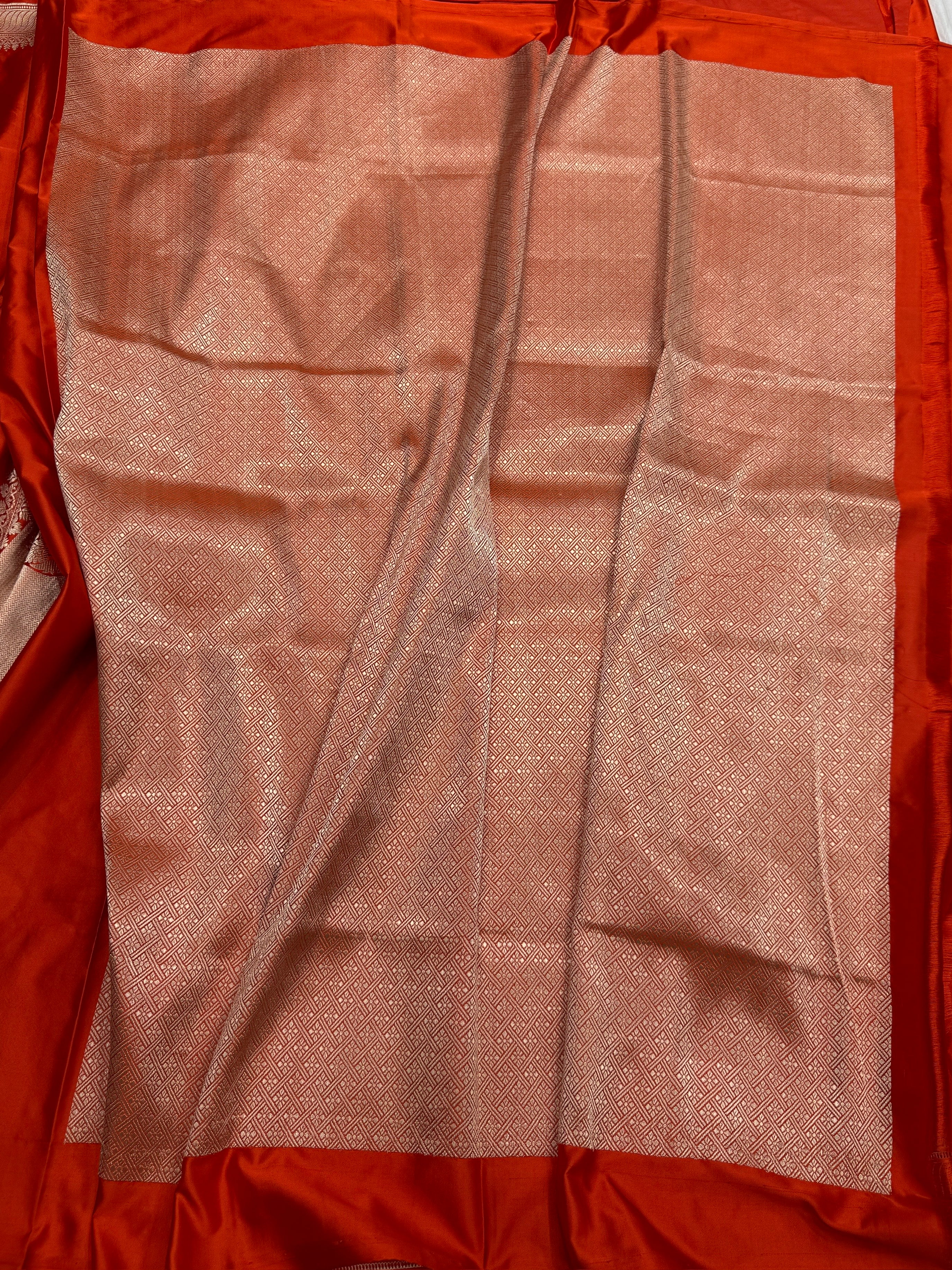 Orange Handwoven Banarasi Pure Mashru Satin Silk Saree - Image 2