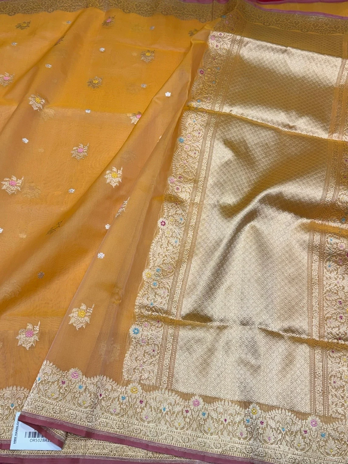 Orange Handwoven Banarasi Pure Organza Silk Saree - Image 3