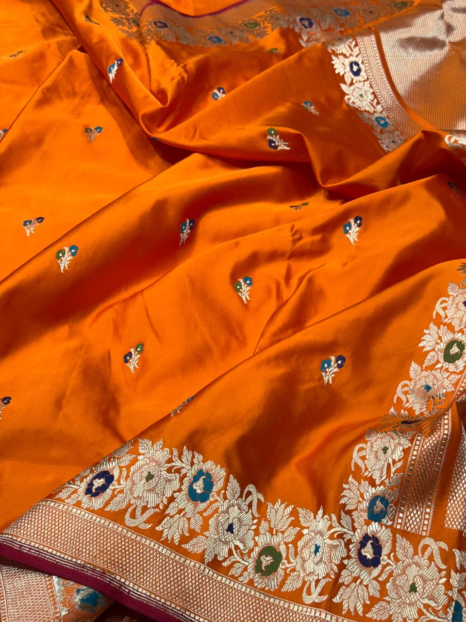 Orange Handwoven Pure Banarasi Mashru Silk Saree - Image 2