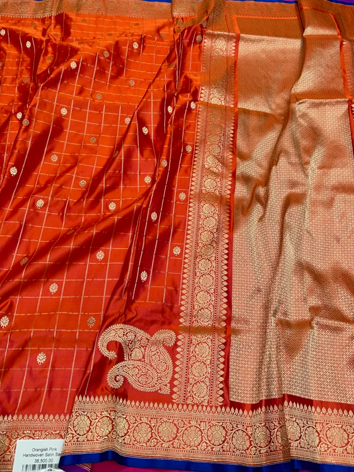 Orange Handwoven Pure Banarasi Satin Silk Saree - Image 3
