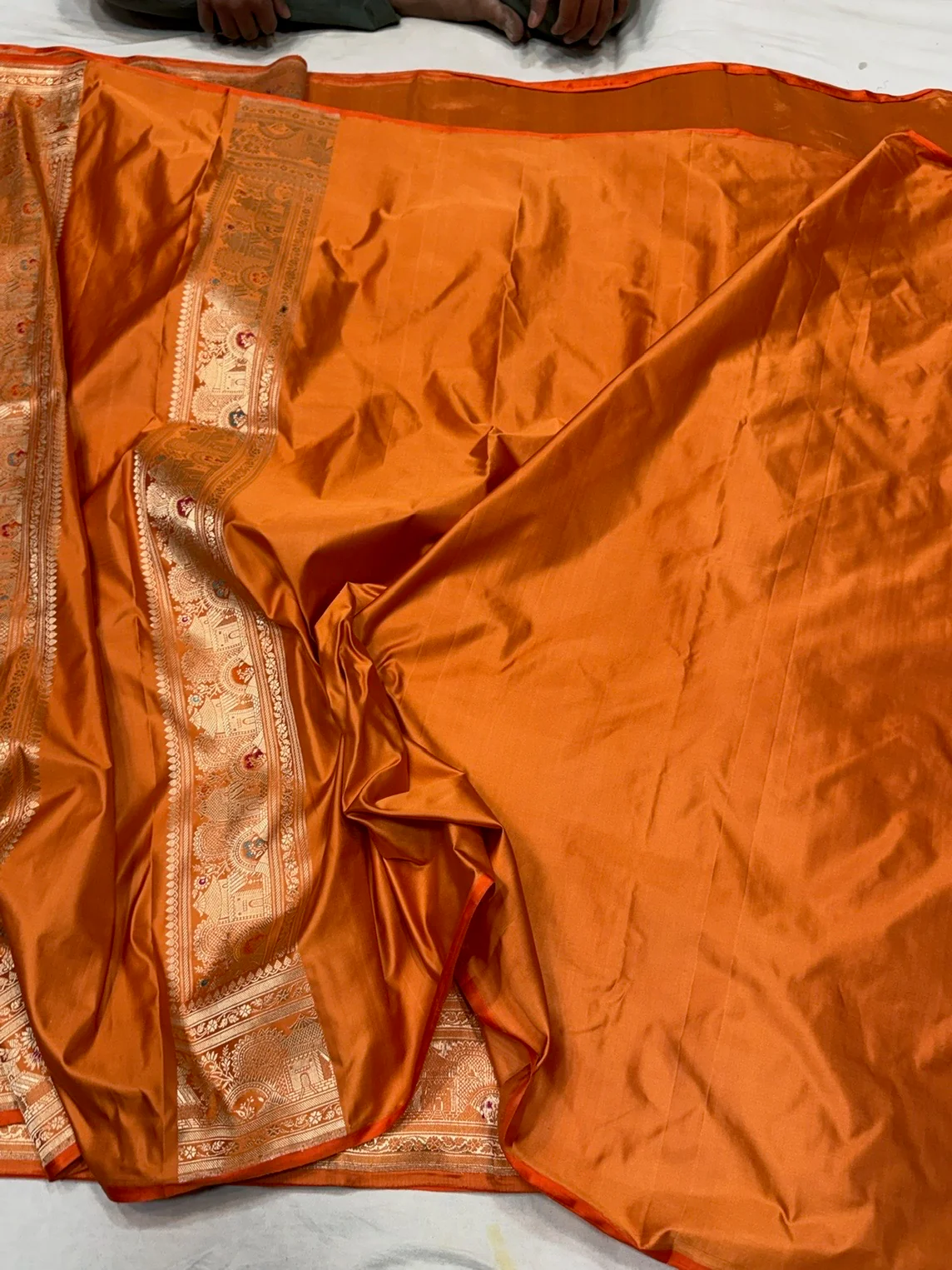 Orange Handwoven Pure Banarasi Satin Silk Saree - Image 3