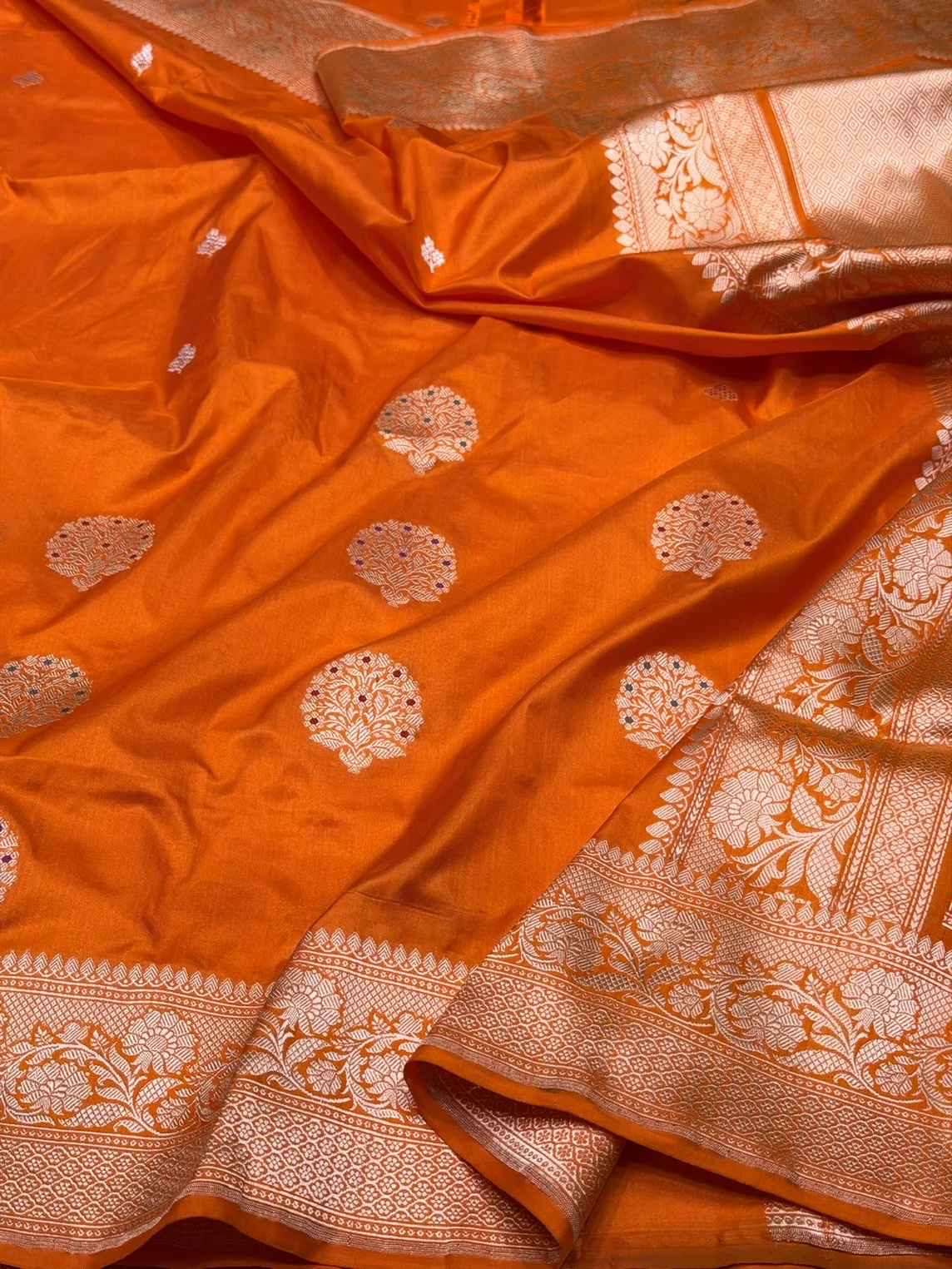 Orange Handwoven Pure Banarasi Silk Saree in Katan Silk – Kadwa Weave & Meenakari Motifs