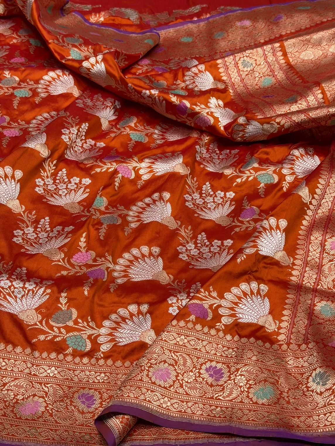 Orange Handwoven Pure Banarasi Silk Saree in Kadwa Weave | Authentic Katan Mulberry Silk