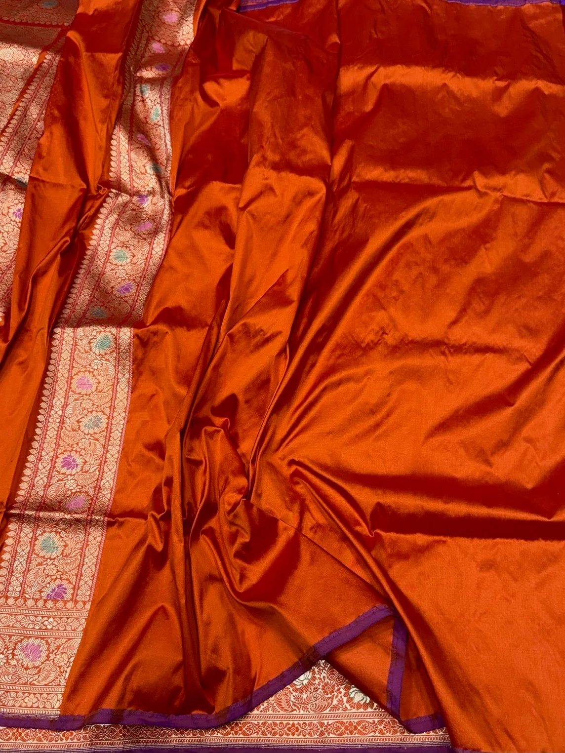 Orange Handwoven Pure Banarasi Silk Saree in Kadwa Weave | Authentic Katan Mulberry Silk - Image 2