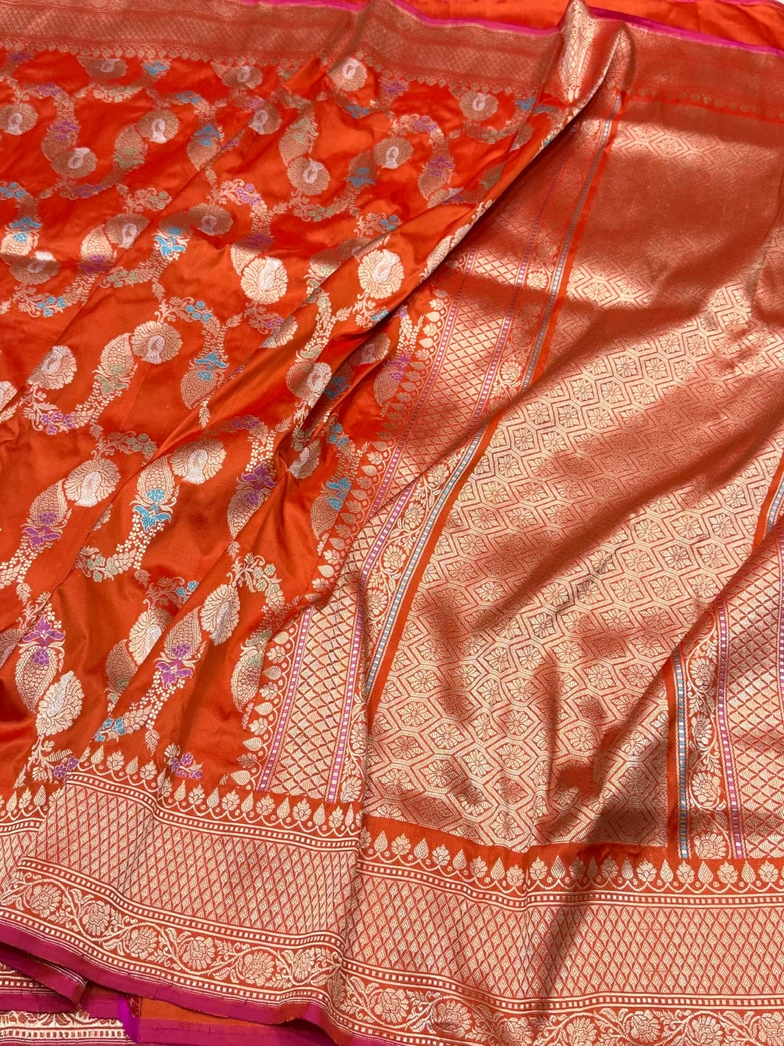 Orange Handwoven Pure Banarasi Silk Saree in Kadwa Weave | Authentic Katan Mulberry Silk - Image 3
