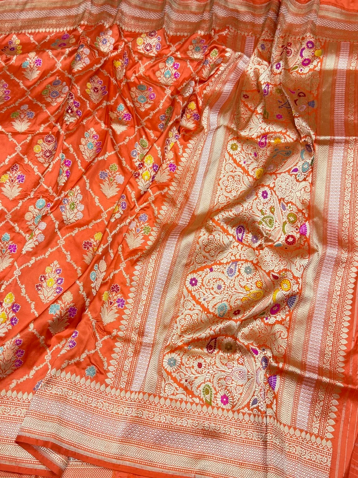 Orange Handwoven Pure Banarasi Silk Saree | Pure Katan Silk | Kadwa Weave | HMR Handlooms - Image 2