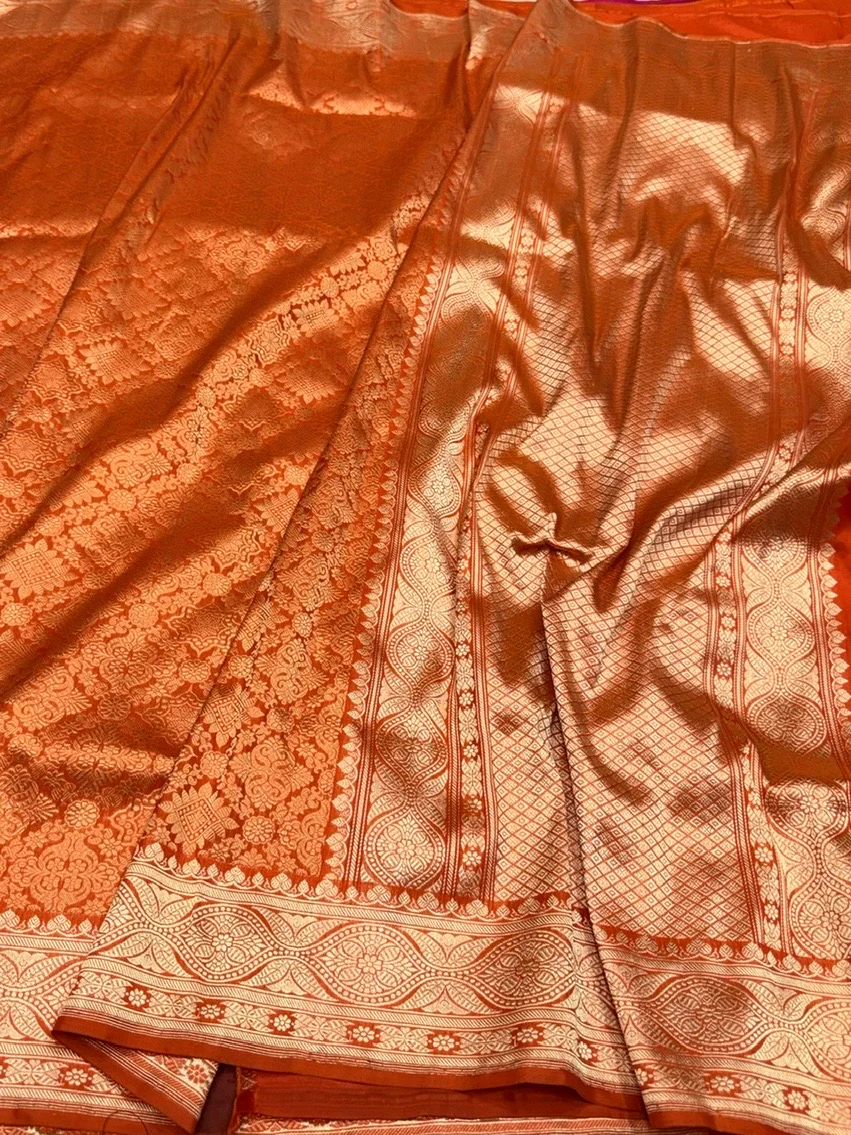 Orange Pure Banarasi Silk Brocade Saree - Image 3