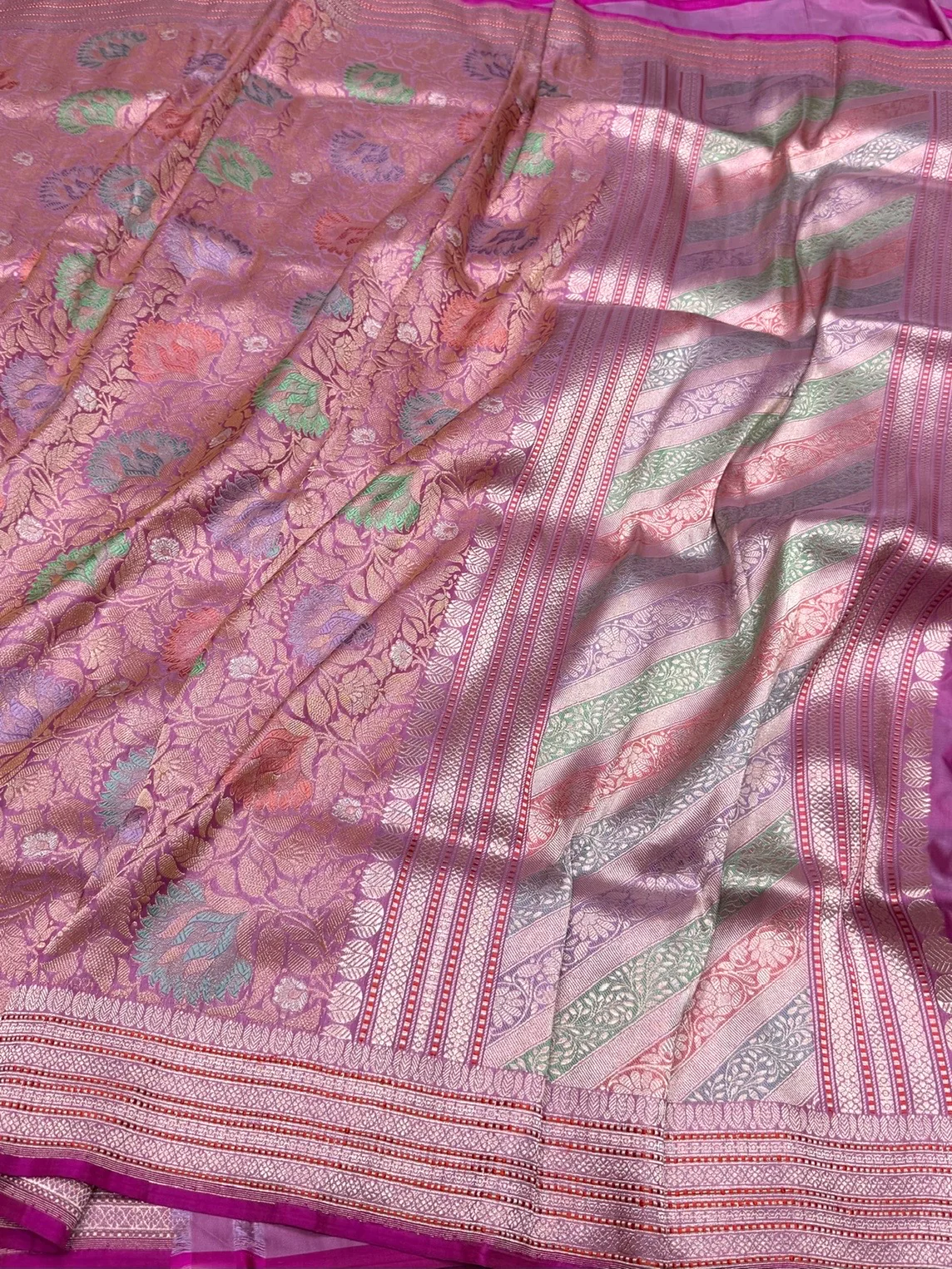 Pastel Pink Handwoven Pure Banarasi Satin Silk Brocade Saree - Image 3