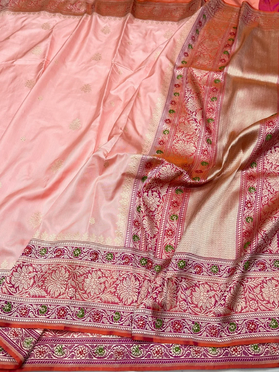 Peach Handwoven Pure Banarasi Ektara Silk Saree – Kadwa Iktara Weave, Pure Mulberry Silk - Image 3