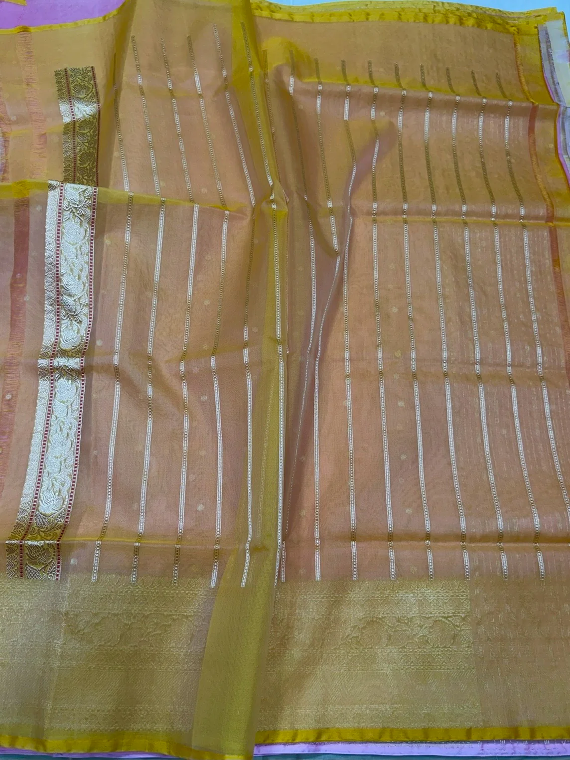 Baby Peach Handwoven Pure Organza Silk Saree - Image 2