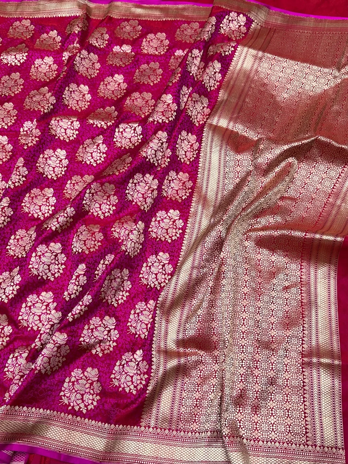 Ruby Red Handwoven Pure Banarasi Satin Tanchoi Silk Saree – Kadwa Weave | Authentic Banaras Handloom - Image 3