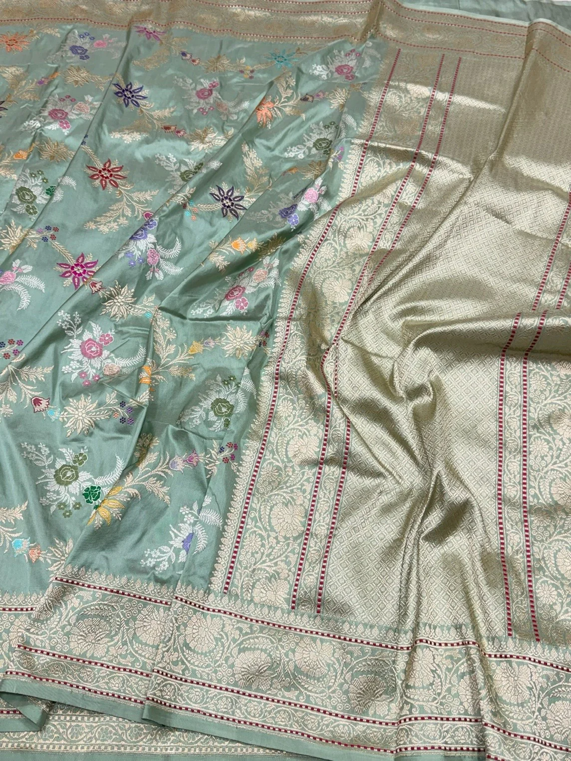 Sage Green Handwoven Pure Banarasi Silk Saree - Image 3