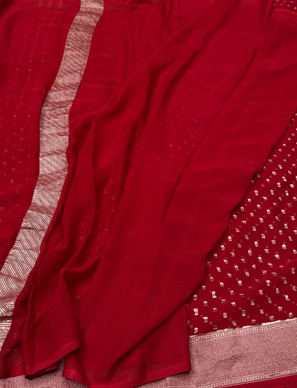 Red Banarasi Pure Chiffon Georgette Saree – Luxury Cutwork Brocade Wedding & Festive Saree - Image 2