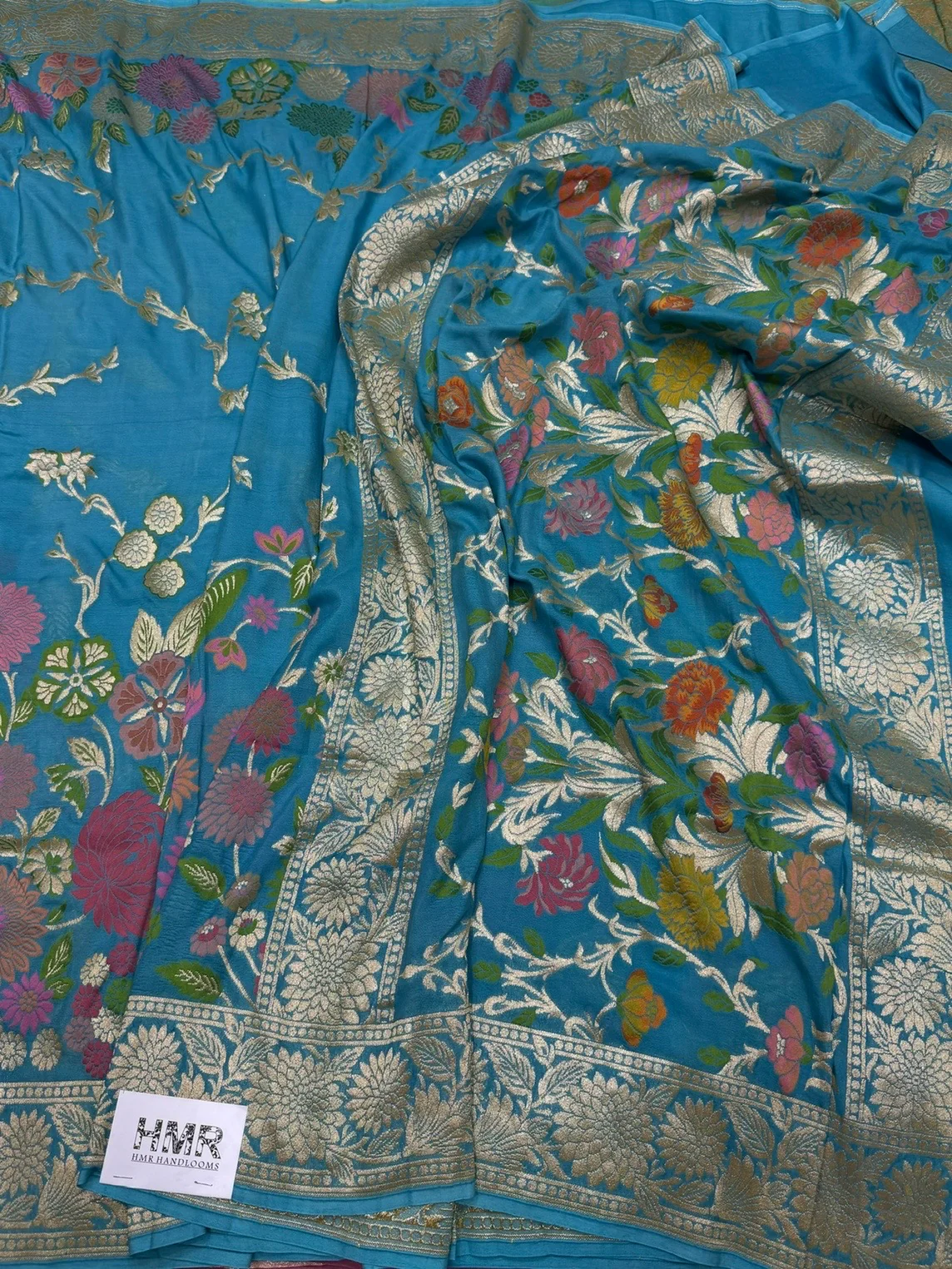 Sky Blue Pure Banarasi Chiffon Georgette Saree - Image 3