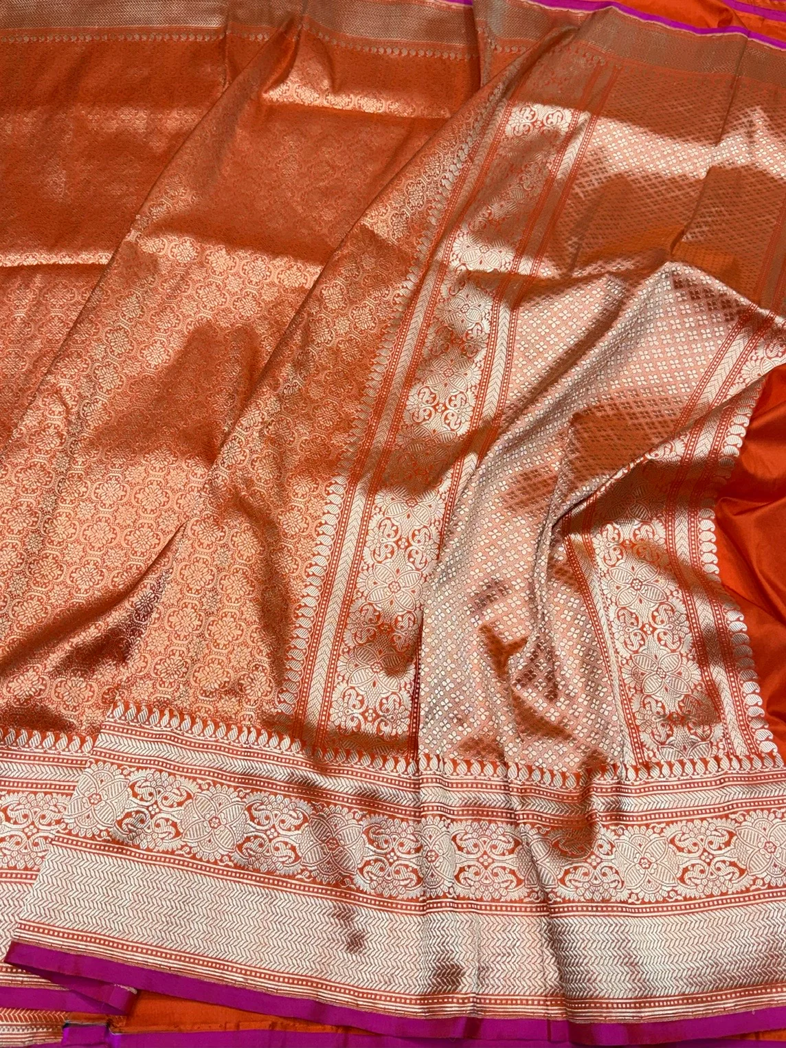 Orange Pure Banarasi Silk Brocade Saree in Katan Mulberry Silk – Classic Banaras Weave - Image 3