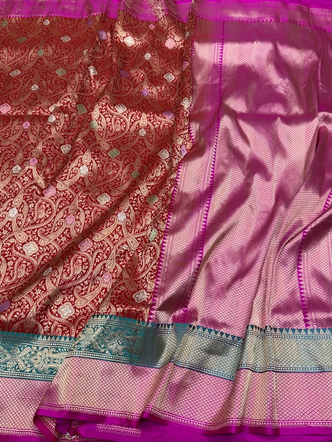 Red Pure Banarasi Silk Brocade Saree with Rani Pink Satin Border – Katan Silk Elegance - Image 3