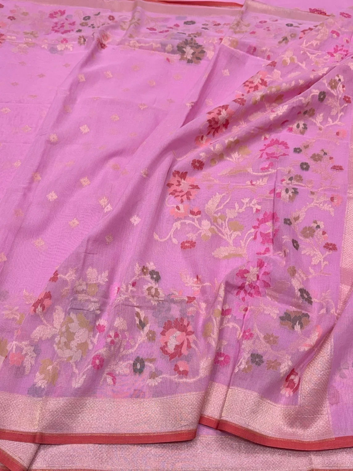 Lavender Pink Pure Muslin Cotton Jamdani Saree - Image 3