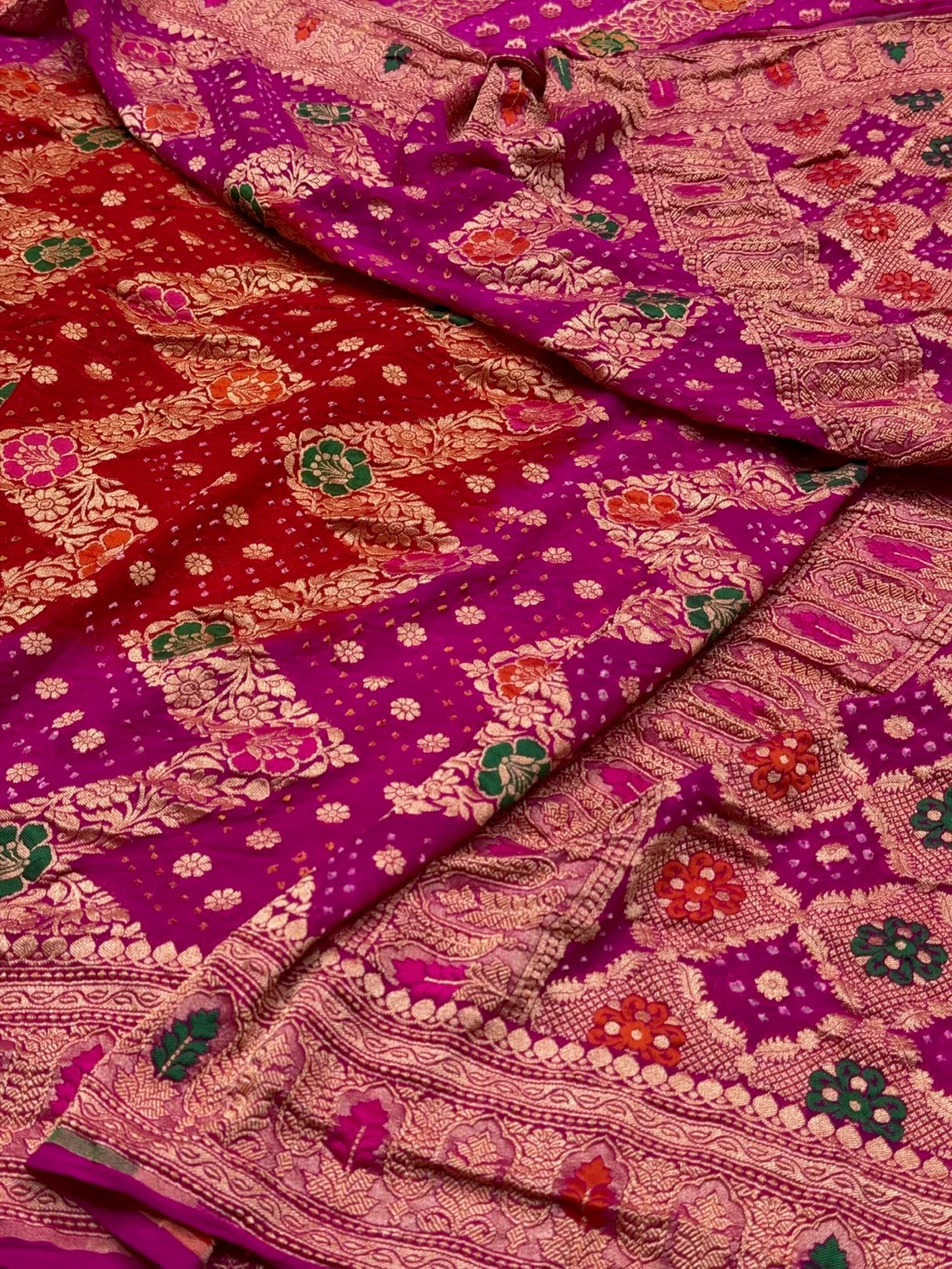 Rani Pink Banarasi Pure Bandhej Georgette Saree – Luxury Cutwork Brocade Wedding & Festive Saree