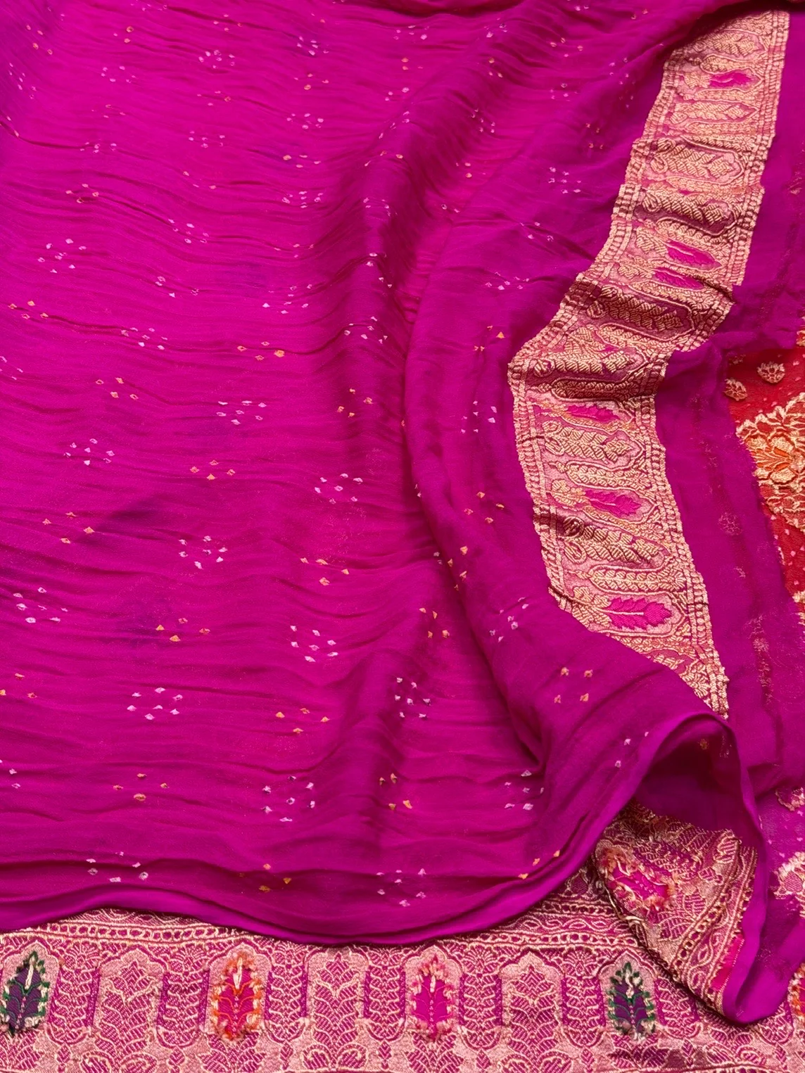 Rani Pink Banarasi Pure Bandhej Georgette Saree – Luxury Cutwork Brocade Wedding & Festive Saree - Image 2