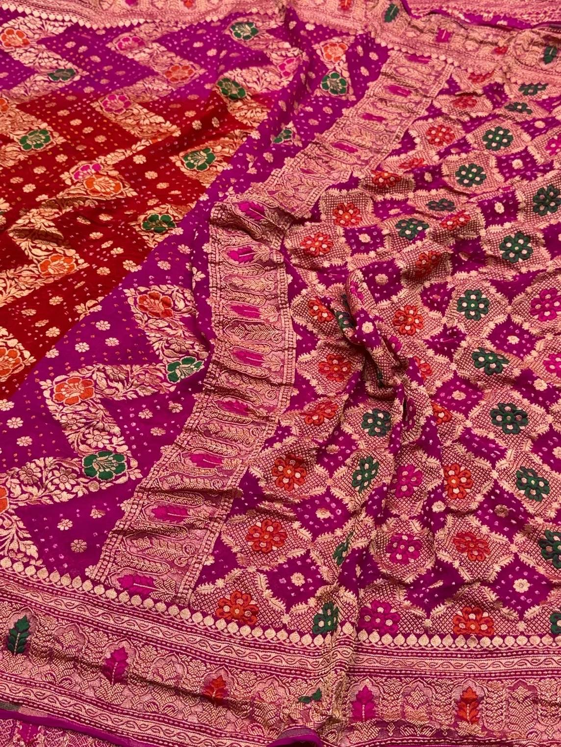 Rani Pink Banarasi Pure Bandhej Georgette Saree – Luxury Cutwork Brocade Wedding & Festive Saree - Image 3