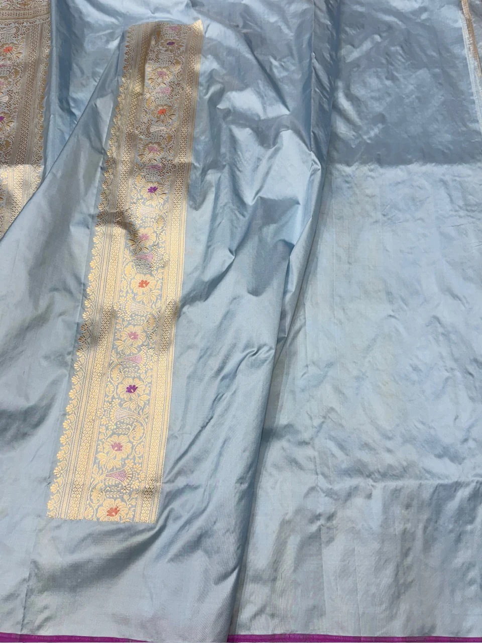 Powder Blue Handwoven Pure Banarasi Silk Saree | Pure Katan Silk | Kadwa Weave | HMR Handlooms - Image 3