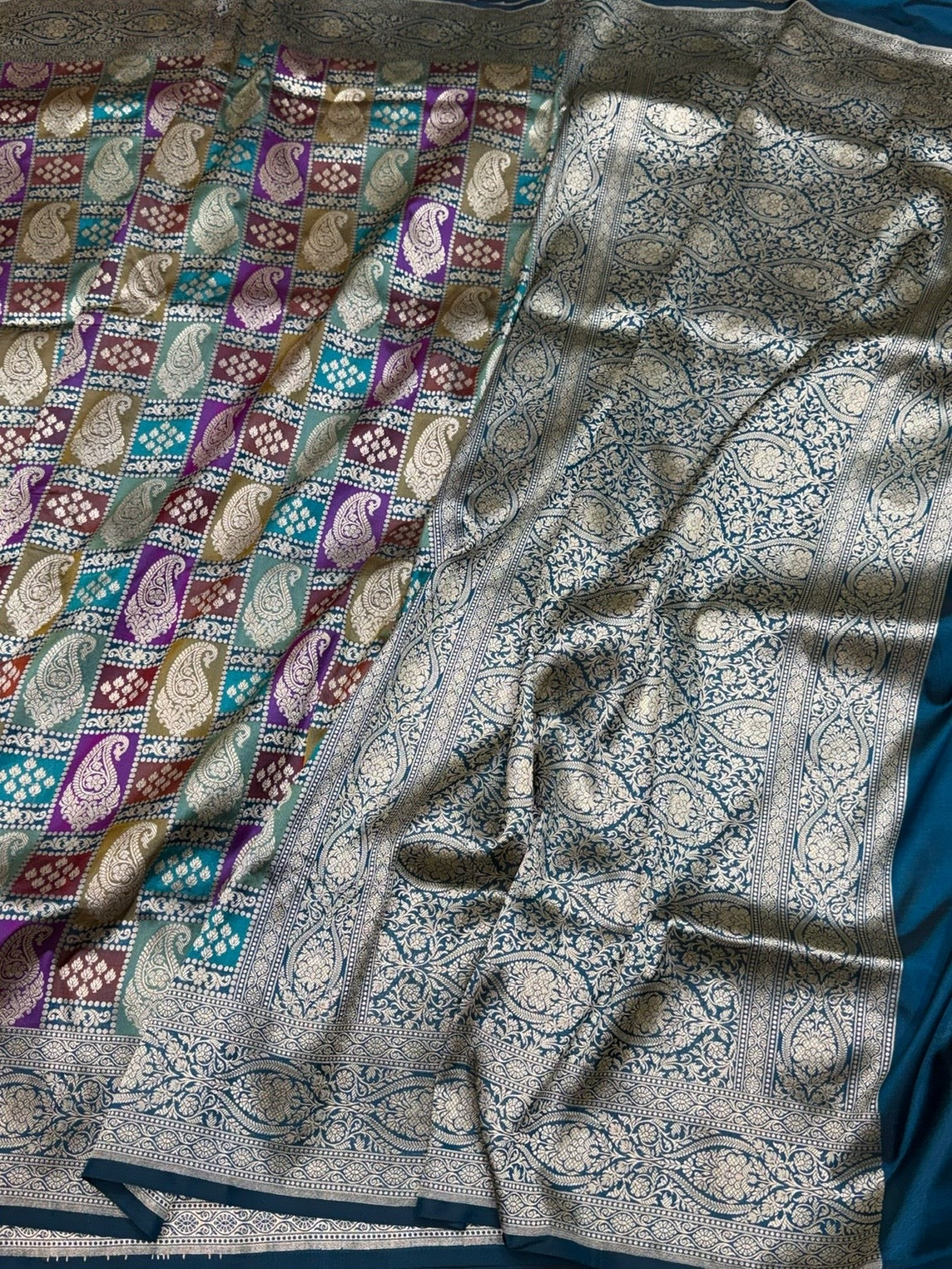 Multicolour Banarasi Pure Silk Saree – Cutwork Weave in 100% Pure Katan Silk - Image 3