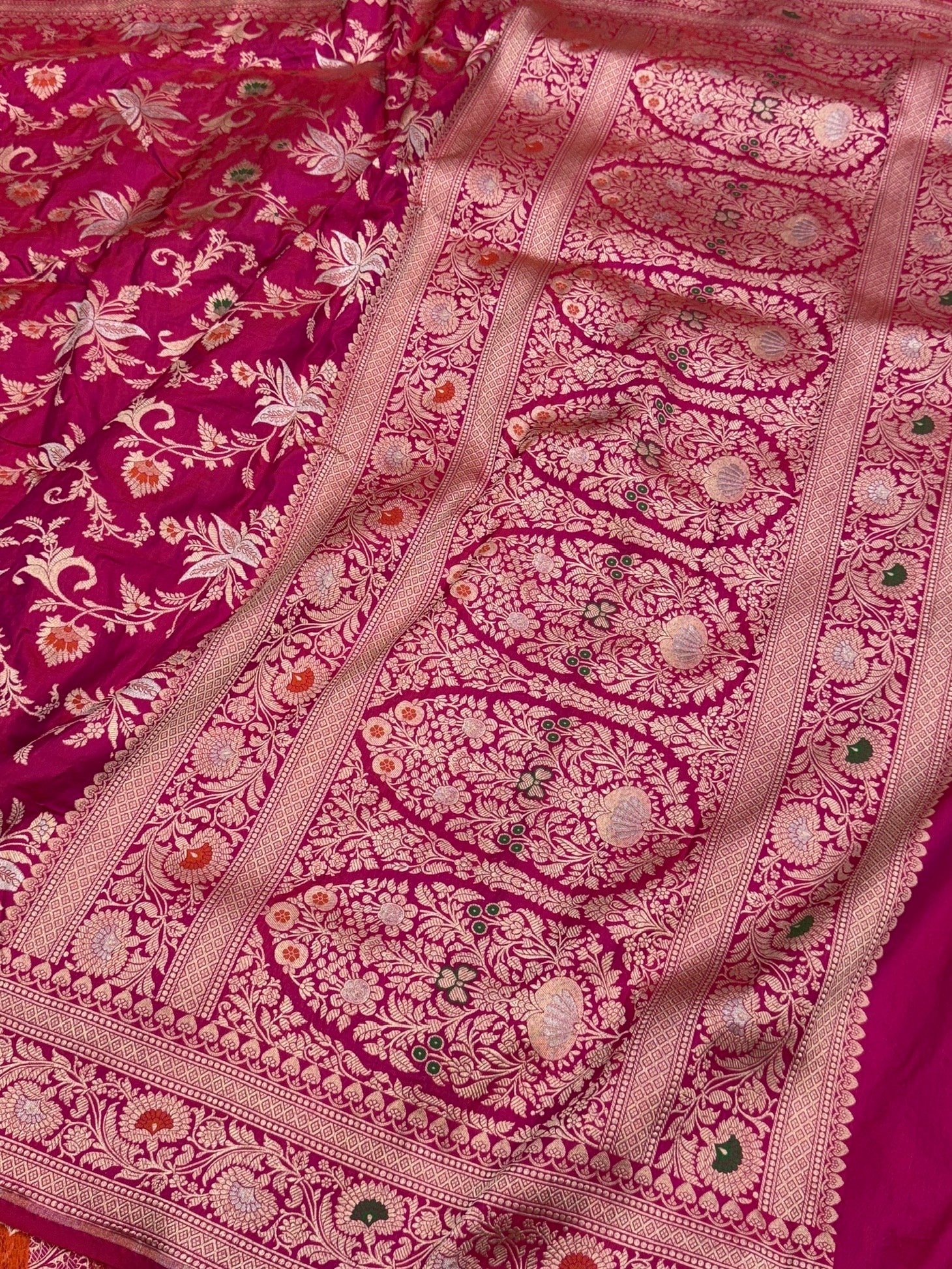 Rani Pink Banarasi Minakari Pure Katan Silk Saree | Pure Silk | Minakari Work | Cutwork Technique | Banarasi Katan Silk Saree - Image 3
