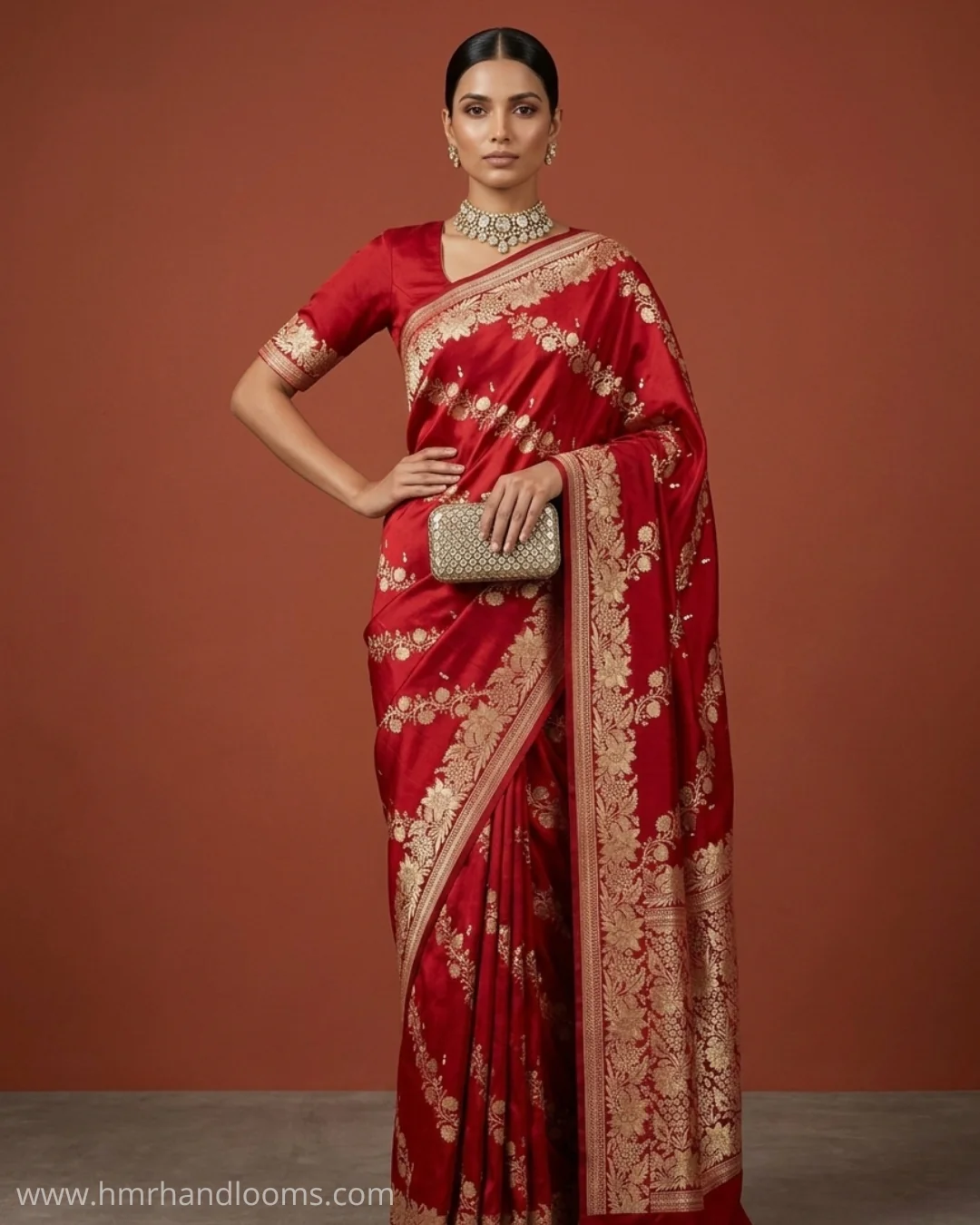 Red Handwoven Pure Mashru Banarasi Satin Silk Saree - Image 2